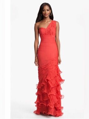 Dalia MacPhee Red One Shoulder Ruffle  Evening Gown Ruched Chiffon Formal  Dress